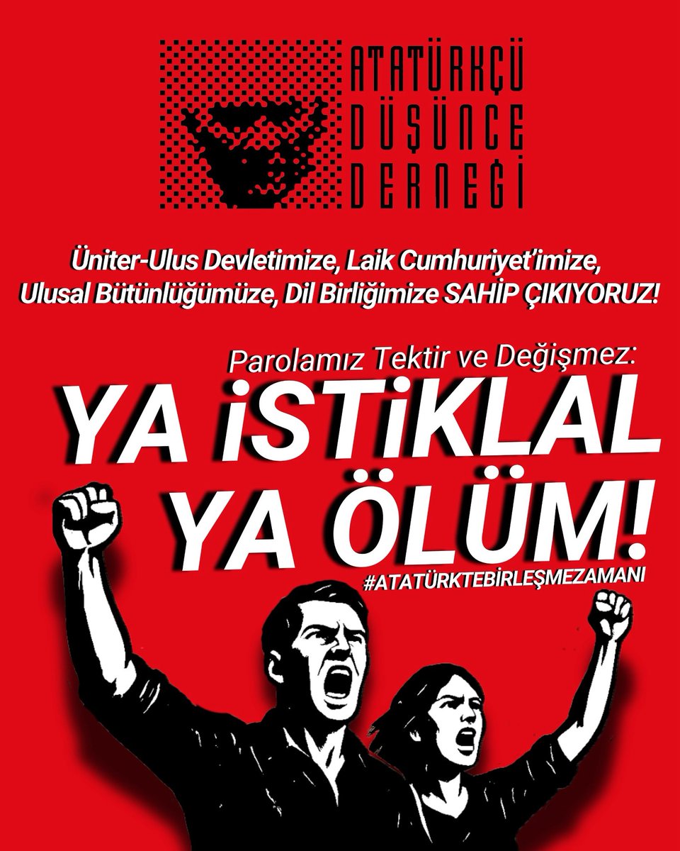 add_samsun's tweet photo. Üniter Ulus Devletimize, Laik Cumhuriyet'imize, Ulusal Bütünlüğümüze, Dil Birliğimize SAHİP ÇIKIYORUZ!
Parolamız Tektir ve Değişmez:
YA İSTİKLAL YA ÖLÜM!

#ATATÜRKTEBİRLEŞMEZAMANI https://t.co/wU0UCuVPRc