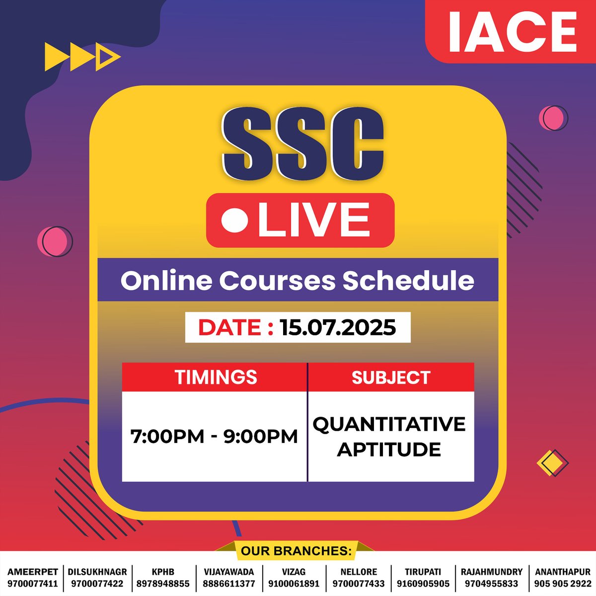 Hyd_IACE's tweet image. 🚨 SSC Aspirants – Get ready for Live Quantitative Aptitude Class!

💡 Perfect for CHSL, CGL, MTS aspirants – build speed, accuracy &amp;amp; clear your basics with expert IACE faculty

#SSCLiveClass #QuantitativeAptitude #CGL2025 #CHSL2025 #MTS2025 #IACE #ThinkGovtJobThinkIACE on