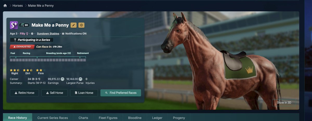 SundownStable's tweet image. Anyone want to give this gal a go? Race her until 4YO !
6% Derby back to me
0% Crown back to me.