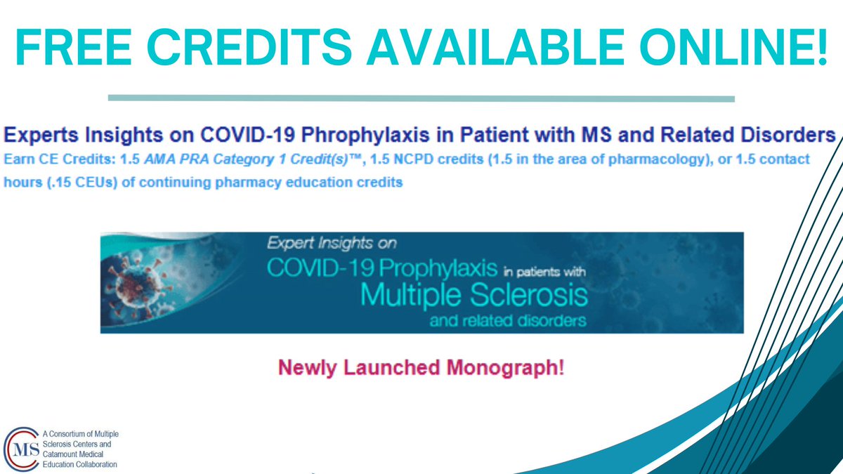 CMSC (@mscare) on Twitter photo CHECK OUT THIS FREE ACTIVITY AND CLAIM CREDITS!
This comprehensive monograph offers a deep dive into the complexities of managing COVID-19 risk in patients with multiple sclerosis (MS) and related disorders.
<a href="/CatMedEd/">Catamount Med Ed</a>
cmscscholar.org/expert-insight… CHECK OUT THIS FREE ACTIVITY AND CLAIM CREDITS!
This comprehensive monograph offers a deep dive into the complexities of managing COVID-19 risk in patients with multiple sclerosis (MS) and related disorders.
<a href="/CatMedEd/">Catamount Med Ed</a>
cmscscholar.org/expert-insight…
