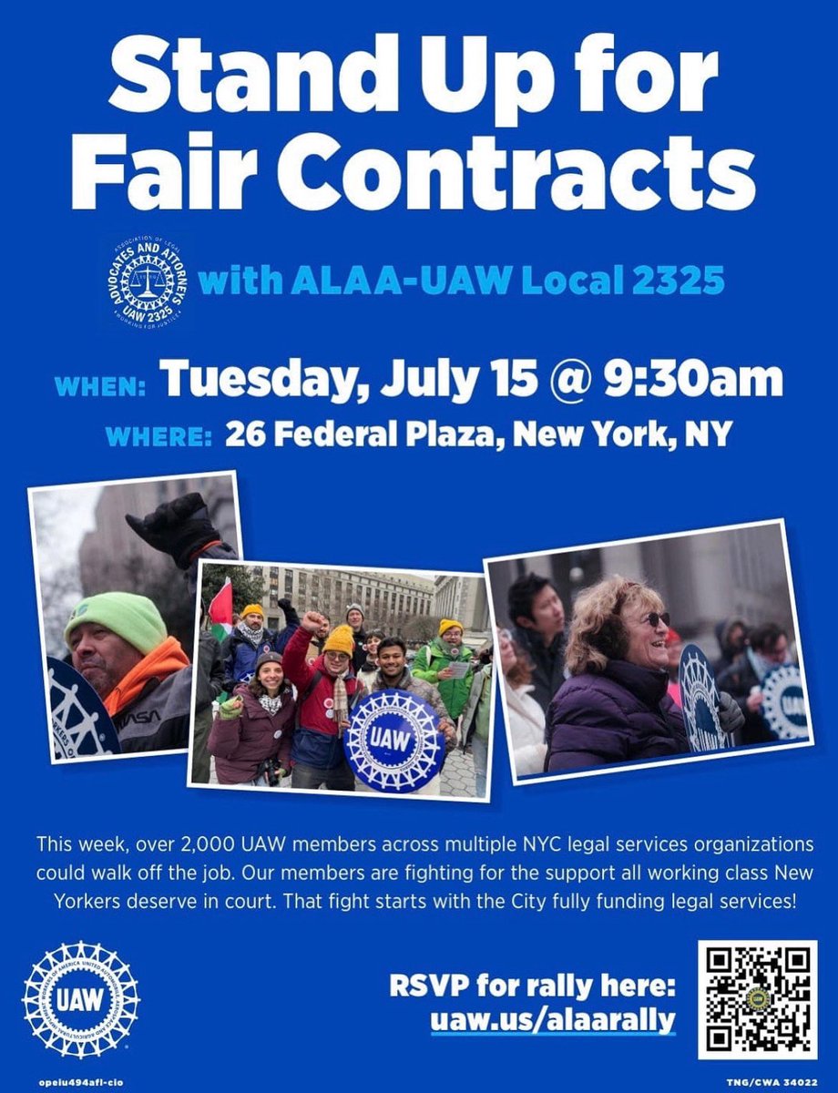 Brandon Mancilla (@mancillabrando) on Twitter photo Tick tock ⏰ Essential legal services workers say it’s time to Stand Up! Come out tomorrow to support <a href="/alaa2325/">ALAA - UAW 2325</a> for what could be the largest NYC strike of 2025. Bargaining ongoing, but if no deals, 400 workers could walk off the job tomorrow & 1,600 more on Friday <a href="/UAWRegion9A/">UAW Region 9A</a> Tick tock ⏰ Essential legal services workers say it’s time to Stand Up! Come out tomorrow to support <a href="/alaa2325/">ALAA - UAW 2325</a> for what could be the largest NYC strike of 2025. Bargaining ongoing, but if no deals, 400 workers could walk off the job tomorrow & 1,600 more on Friday <a href="/UAWRegion9A/">UAW Region 9A</a>