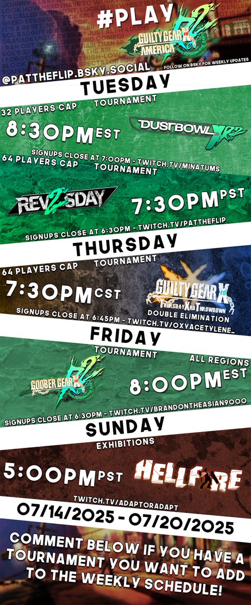 Weekly NA Xrd #Rev2Forev2 thread is up!

Plug your Rev2 events in the replies, and DM me if you have a regular netplay event for the calendar.

Love your life, be good to one another, and play some mfing guilty gear &lt;3

You can also find this calendar at playguiltygear.com!