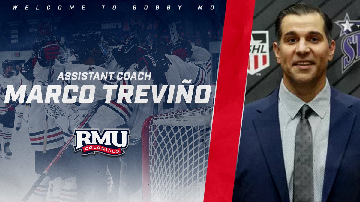 New face on the bench! 🏒 We're thrilled to welcome Marco Treviño as our new Assistant Coach for RMU Men's Hockey! Welcome to Moon Township, Coach❗️

📰: bit.ly/3U8uX6C

#BobbyMo