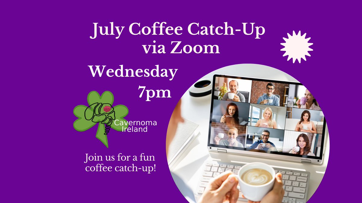 CavernomaIre's tweet image. 🙂This Wednesday Join Us at 7pm via Zoom 💻📱
For Our Coffee Catch-Up
Join at any time during the hour, for an informal chat.
📌For the Zoom link, please email cavernomaireland@gmail.com
#ItsGoodToTalk #CavernomaCommunity #CoffeeCatchUp #CavernomaIreland #CavernomaWarrior