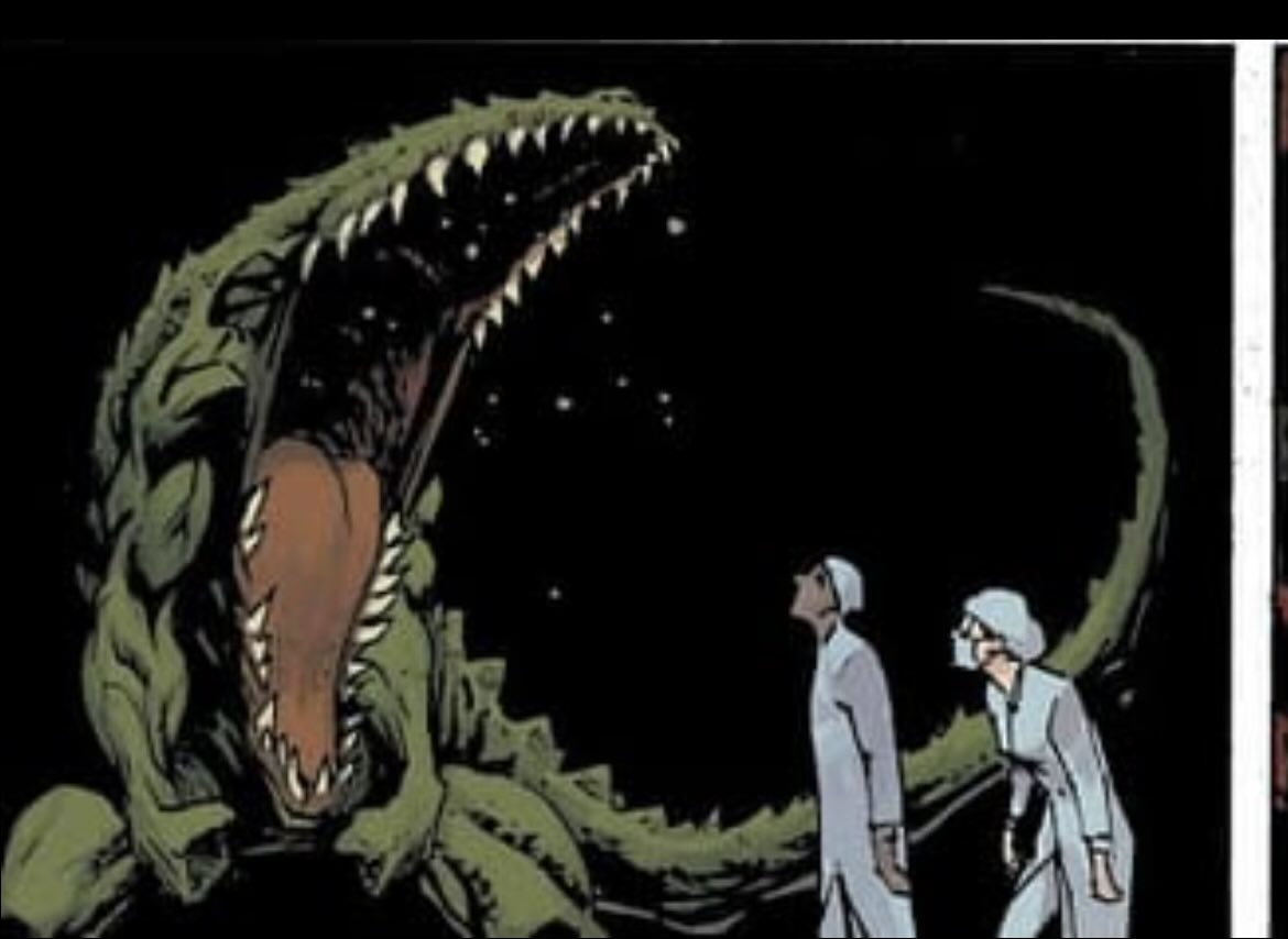 Anon__Rando's tweet image. I love the character design but why do the teeth extend so far as though his jaw splits his shoulders in that one panel?!
