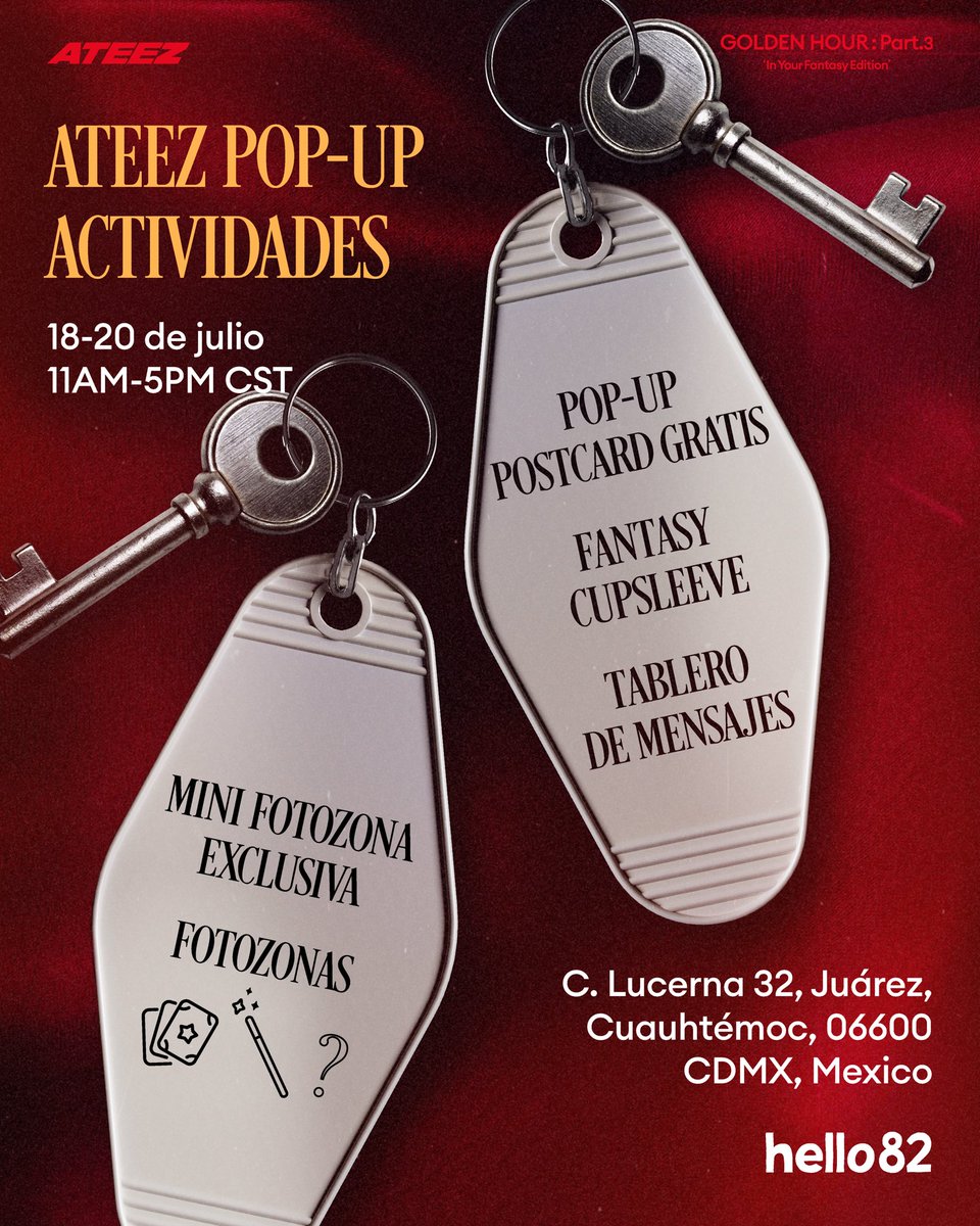 hello82CDMX's tweet image. ATINY, mira como tus fantasias se hacen realidad con estas Actividades Exclusivas 💫
Ven a celebrar en el ATEEZ POP-UP en CDMX para esta historia encantadora!
📅 18-20 de julio | 11AM - 5PM CST
📍@hello82CDMX
C. Lucerna 32, Juárez, Cuauhtémoc, 06600, CDMX, Mexico…