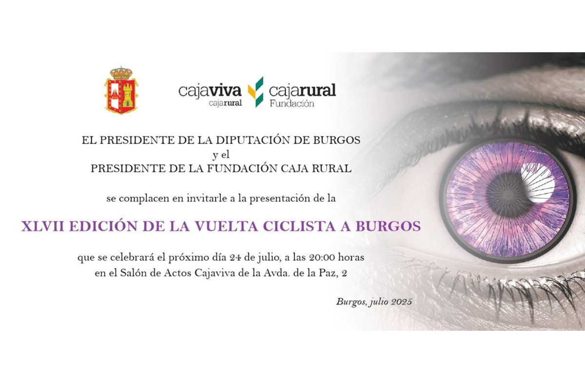 Vuelta a Burgos (@vueltaburgos) on Twitter photo Presentación de la XLVII Vuelta a Burgos
🗓️ Jueves 24 de julio
⏰ 20:00 h.
📍 Salón de Actos de <a href="/fundcajaruralbu/">Fundación Caja Rural Burgos</a>
Hasta completas aforo
😍 Vuelta a #Burgos, toda una provincia por descubrir 💜
#UCIProSeries
#Burgos #VueltaBurgos Presentación de la XLVII Vuelta a Burgos
🗓️ Jueves 24 de julio
⏰ 20:00 h.
📍 Salón de Actos de <a href="/fundcajaruralbu/">Fundación Caja Rural Burgos</a>
Hasta completas aforo
😍 Vuelta a #Burgos, toda una provincia por descubrir 💜
#UCIProSeries
#Burgos #VueltaBurgos
