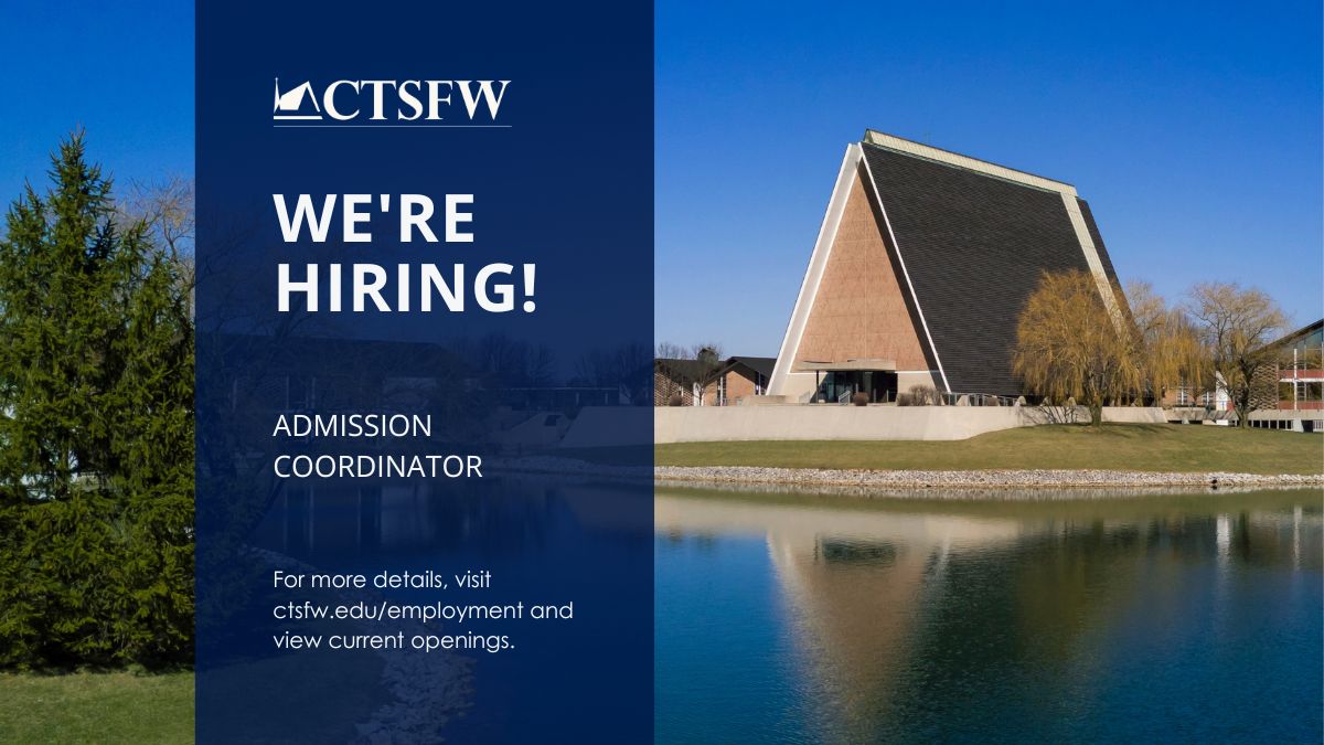 CTSFWedu's tweet image. CTSFW is searching for an Admission Coordinator, a friendly, tech-savvy, highly organized team member with a strong interest in working with prospective students and their families in support of CTSFW's mission. Visit ctsfw.edu/employment for more information.