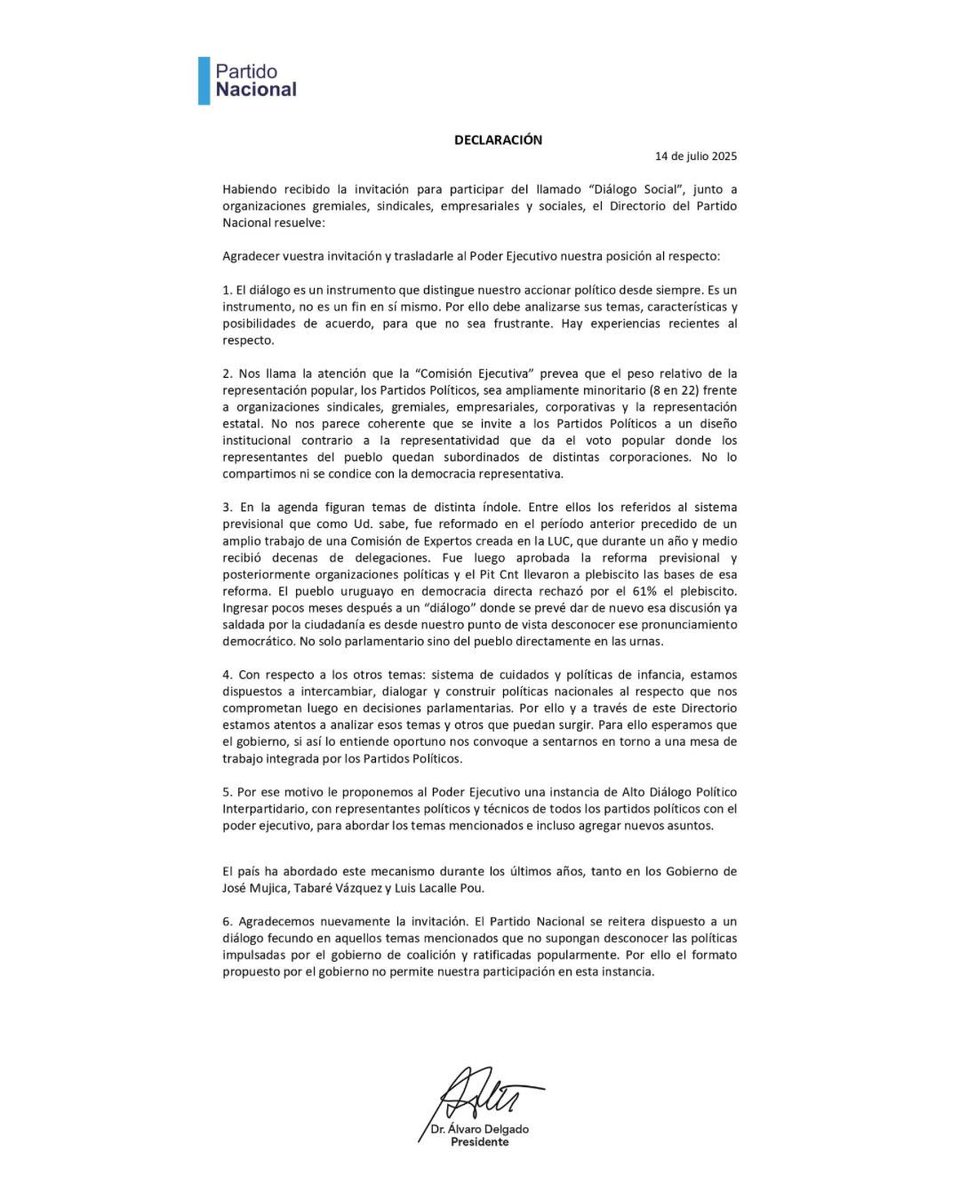 Declaración del Partido Nacional respecto al “Diálogo Social” convocado por el Gobierno.