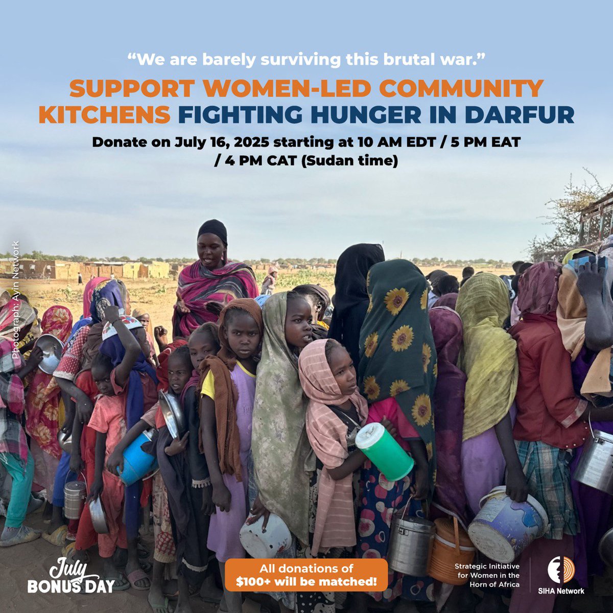Sihanet's tweet image. 🚨 Mark your calendar for one powerful day of giving!
On Wednesday, July 16, you have the chance to stand with women in Darfur, Sudan who, amid an ongoing war, are leading community kitchens in North Darfur by preparing over 200 meals a day, often with barely enough to keep…