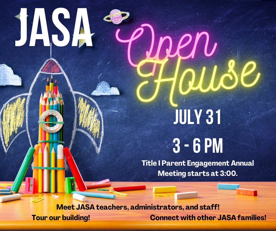 Mr. Michael Morris (@jasarockets) on Twitter photo It’s time for our Back-to-School Open House event! 7/31, 3-6 PM.
This is a great time for new families to meet the JASA faculty, connect with other 🚀 families, and finalize registration. We will also have our annual Parent Engagement meeting. See you there! 💜 <a href="/mbm_morris/">Michael Morris</a> It’s time for our Back-to-School Open House event! 7/31, 3-6 PM.
This is a great time for new families to meet the JASA faculty, connect with other 🚀 families, and finalize registration. We will also have our annual Parent Engagement meeting. See you there! 💜 <a href="/mbm_morris/">Michael Morris</a>