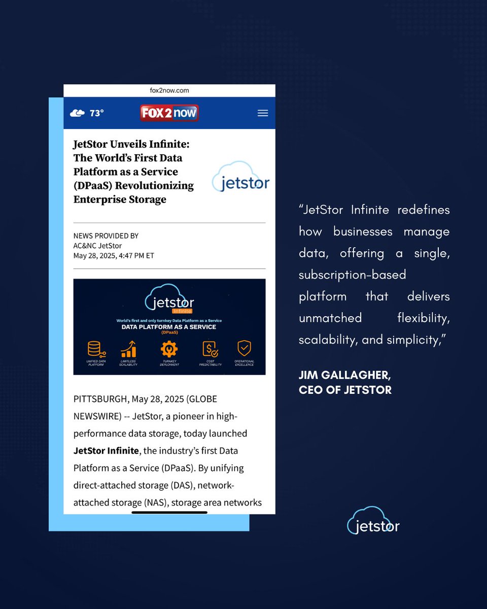 jetstorsan's tweet image. JetStor is in the news again!

JetStor Infinite is a game changer.
Check it out and connect with our sales team at sales@jetstor.com

🔗 Read the full story at: fox2now.com/business/press…

#dataplataform #dpaas #storage #fox2