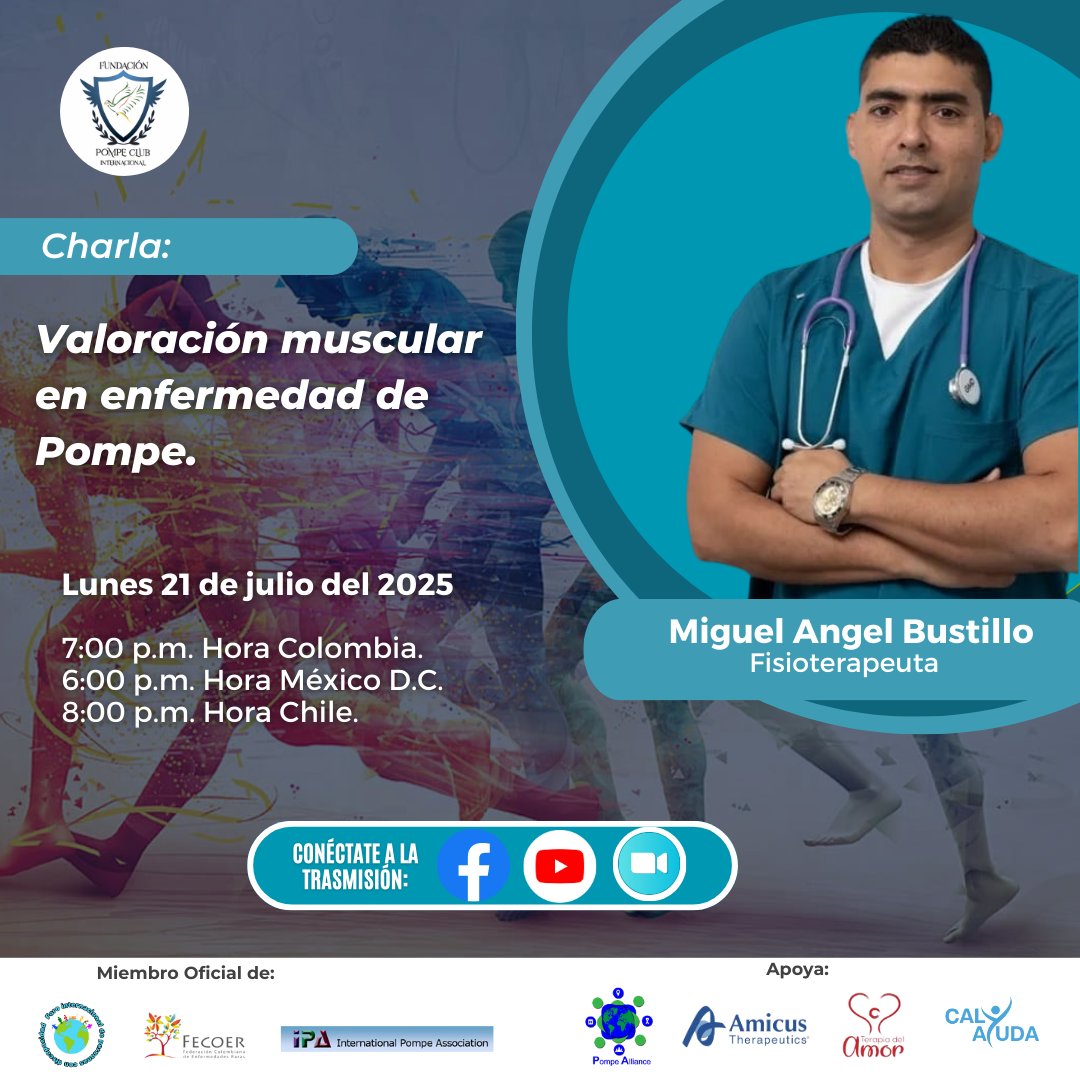 ClubPompe's tweet image. Cordial saludo los invitamos a participar en la charla “Valoración muscular en enfermedad de Pompe”.
Con el fisioterapeuta:
Miguel Angel Bustillo.
Link de ingreso por Zoom:
bit.ly/VMuscularPompe…