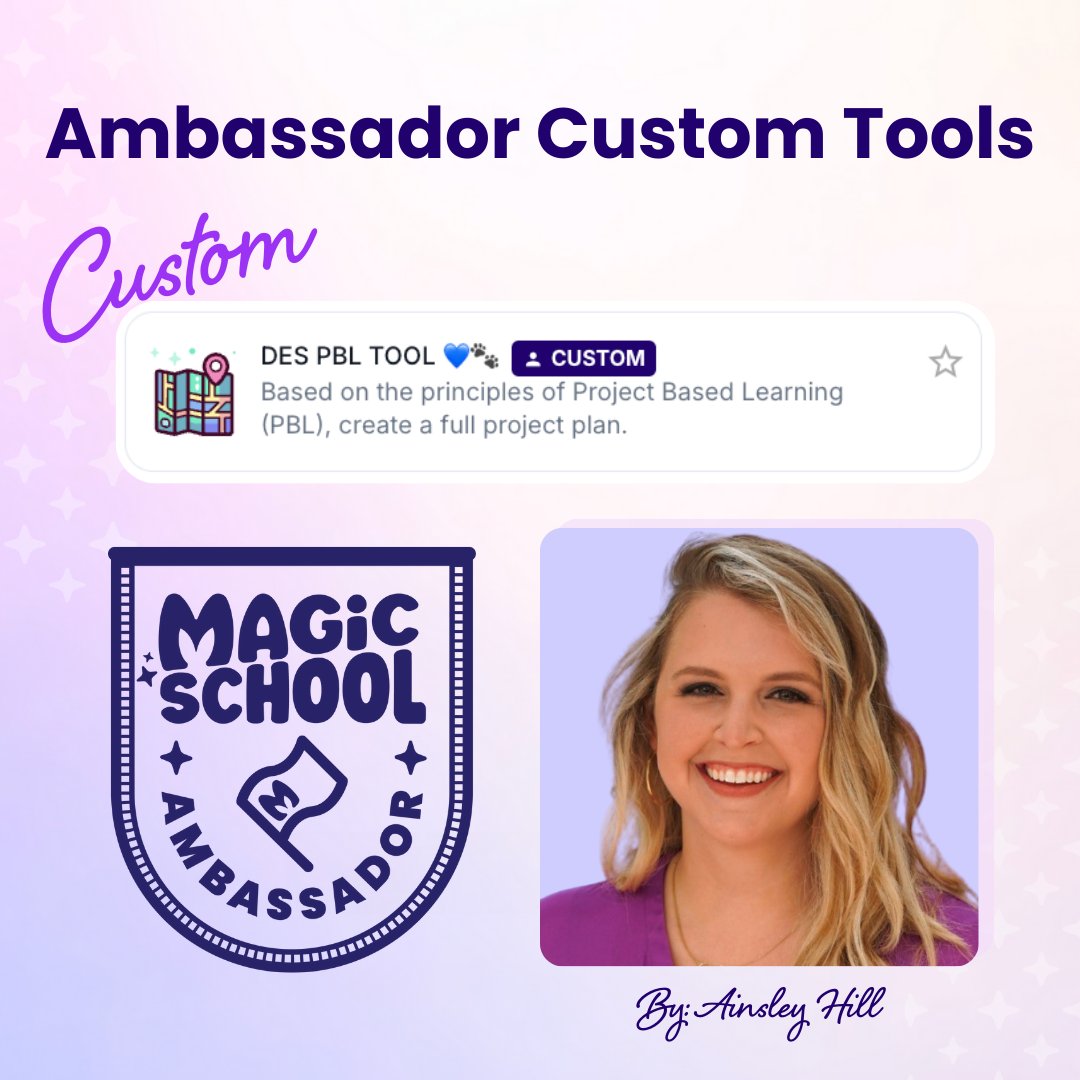 magicschoolai's tweet image. Working on curriculum writing this summer? Build your own Project-Based Learning planning tool with AI!
Shoutout to MagicSchool Ambassador Ainsley Hill for creating this custom resource!
👉 Try it or remix it: tr.ee/PBLTool
@mrshillteaches
#PBL #MagicSchool #EdTech…