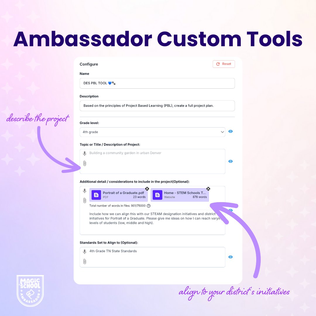 magicschoolai's tweet image. Working on curriculum writing this summer? Build your own Project-Based Learning planning tool with AI!
Shoutout to MagicSchool Ambassador Ainsley Hill for creating this custom resource!
👉 Try it or remix it: tr.ee/PBLTool
@mrshillteaches
#PBL #MagicSchool #EdTech…