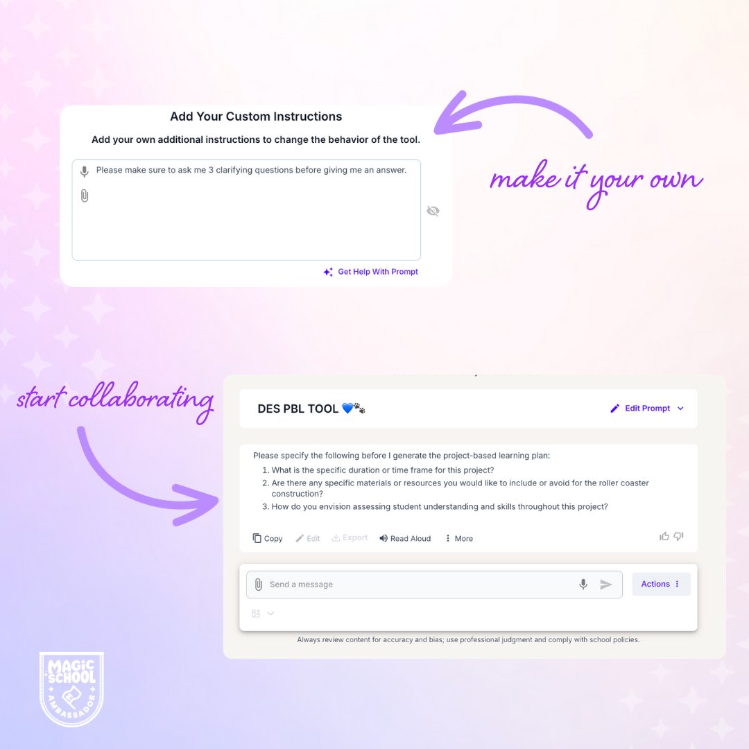 magicschoolai's tweet image. Working on curriculum writing this summer? Build your own Project-Based Learning planning tool with AI!
Shoutout to MagicSchool Ambassador Ainsley Hill for creating this custom resource!
👉 Try it or remix it: tr.ee/PBLTool
@mrshillteaches
#PBL #MagicSchool #EdTech…
