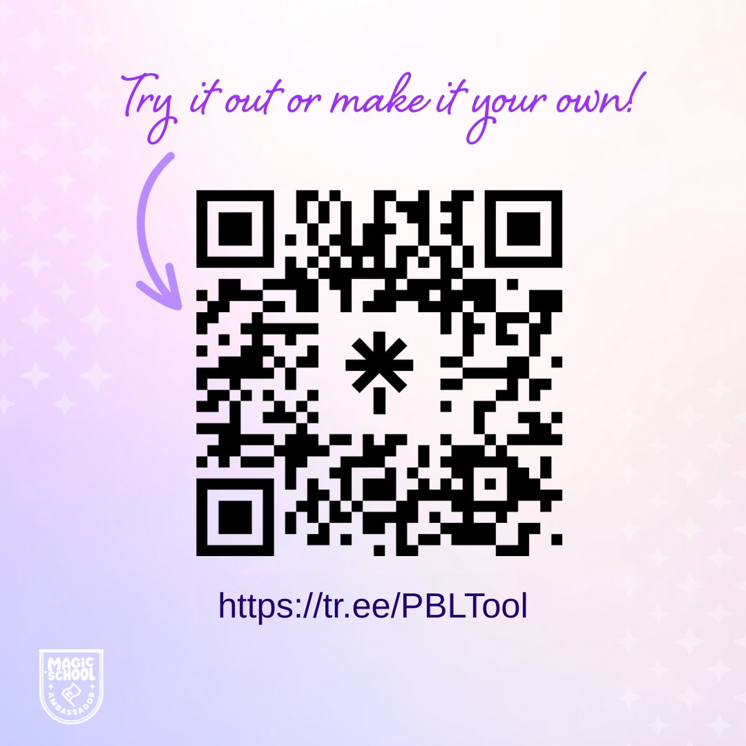 magicschoolai's tweet image. Working on curriculum writing this summer? Build your own Project-Based Learning planning tool with AI!
Shoutout to MagicSchool Ambassador Ainsley Hill for creating this custom resource!
👉 Try it or remix it: tr.ee/PBLTool
@mrshillteaches
#PBL #MagicSchool #EdTech…
