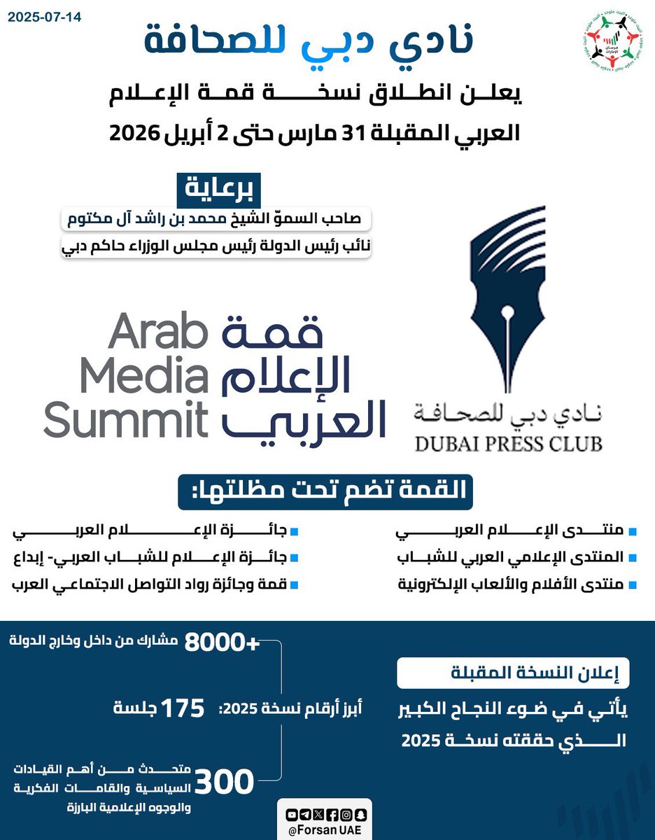 برعاية #محمد_بن_راشد.. #نادي_دبي_للصحافة يعلن عن تنظيم النسخة الـ 24 من #قمة_الإعلام_العربي، الحدث المتخصص الأكبر من نوعه في المنطقة، خلال الفترة من 31 مارس إلى 2 أبريل 2026.