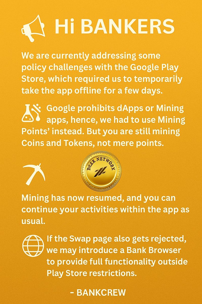 BANKBLOCKCHAIN1's tweet image. Hi Bankers,
We are currently addressing some policy challenges with the Google Play Store, which required us to temporarily take the app offline for a few days.
Our goal is to maintain a single, unified app experience. However, Google has made it clear that decentralized apps…
