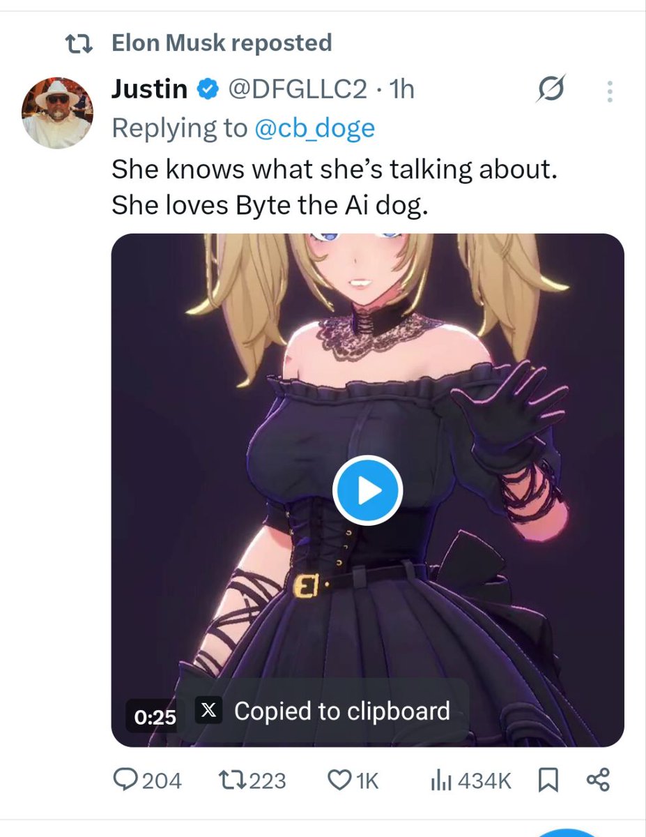 Are you paying attention to $BYTE the AI dog. Elon is paying attention. 

0x6926Ba232a90A7cD14bd6bb1294e67feb09FbaeF

x.com/elonmusk/statu…