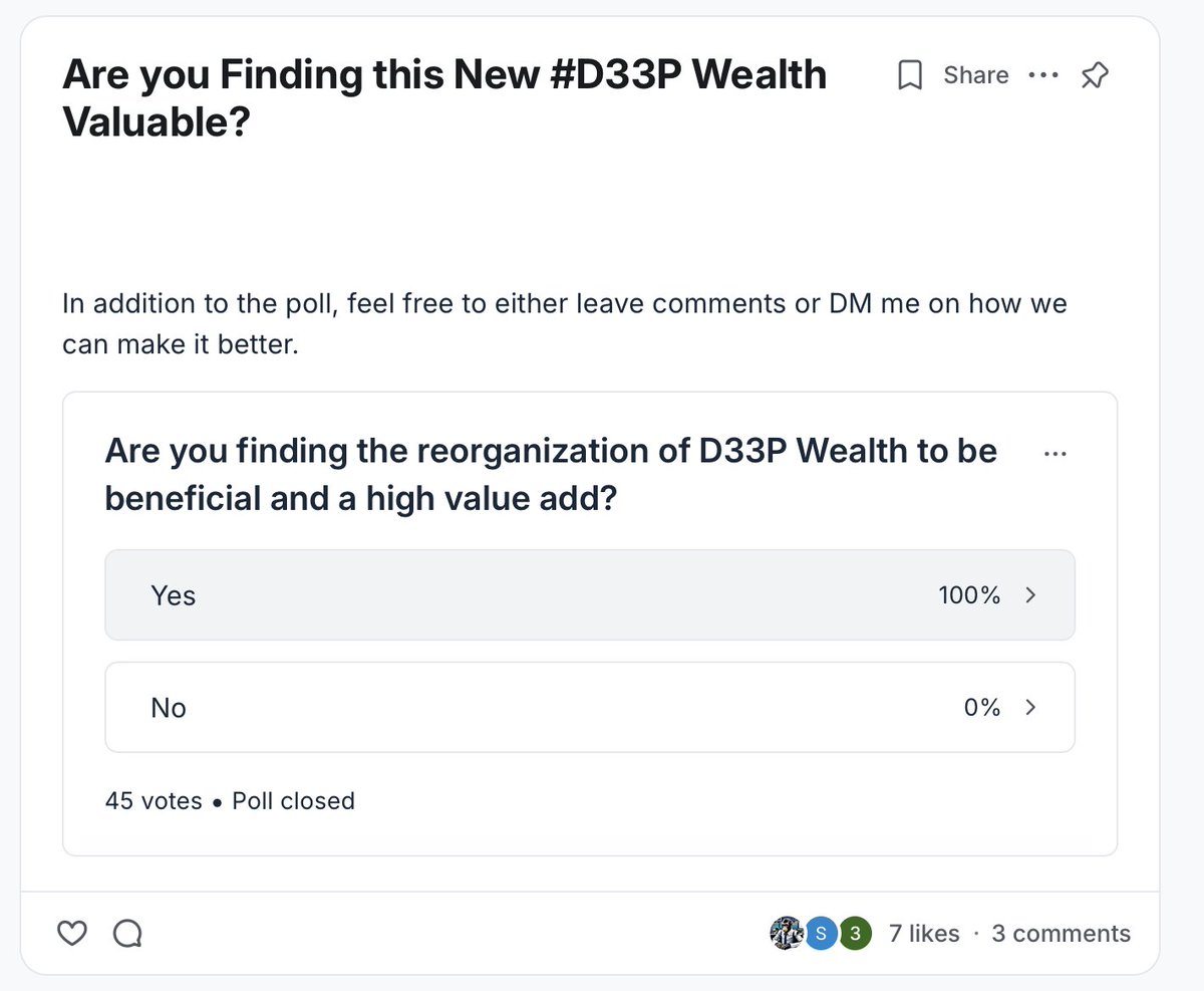 Insights33's tweet image. There are 2 spots remaining for #D33P7nsights and 2 spots remaining for #D33PWealth at their current price points (see post below for details)

Before prices increase on July 26 

Also here are two recent polls taken re: the value of the two networks