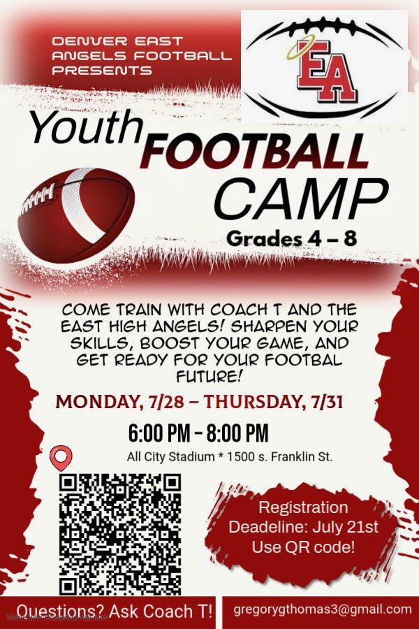 DenverEastFB (@eastfb) on Twitter photo Get registered for <a href="/EastFb/">DenverEastFB</a> Youth Camp! 1 week left to register, looking forward to seeing you all out there, scan the QR code on the flier๐ #ANGELS #HalosUp Get registered for <a href="/EastFb/">DenverEastFB</a> Youth Camp! 1 week left to register, looking forward to seeing you all out there, scan the QR code on the flier๐ #ANGELS #HalosUp