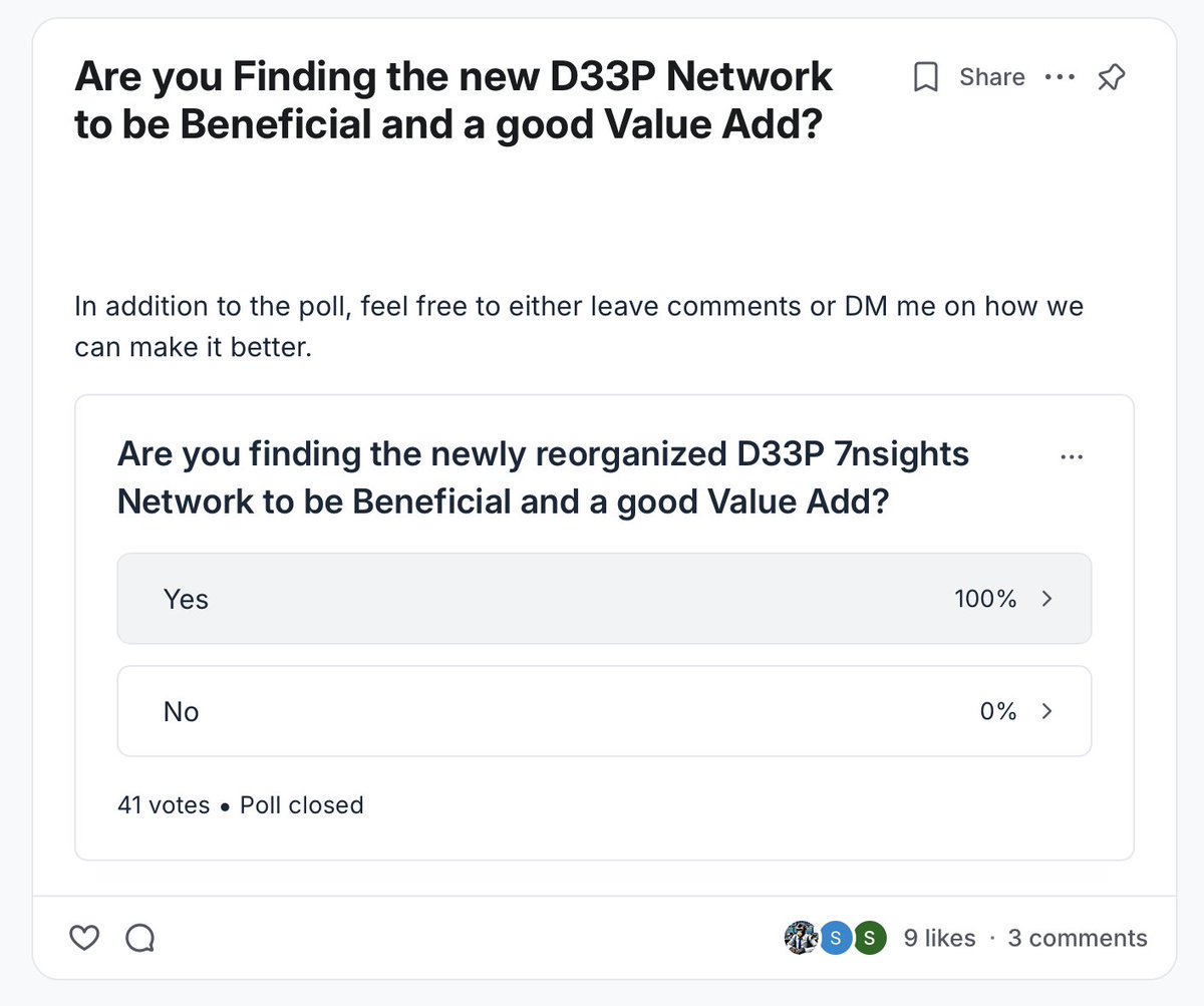 Insights33's tweet image. There are 2 spots remaining for #D33P7nsights and 2 spots remaining for #D33PWealth at their current price points (see post below for details)

Before prices increase on July 26 

Also here are two recent polls taken re: the value of the two networks