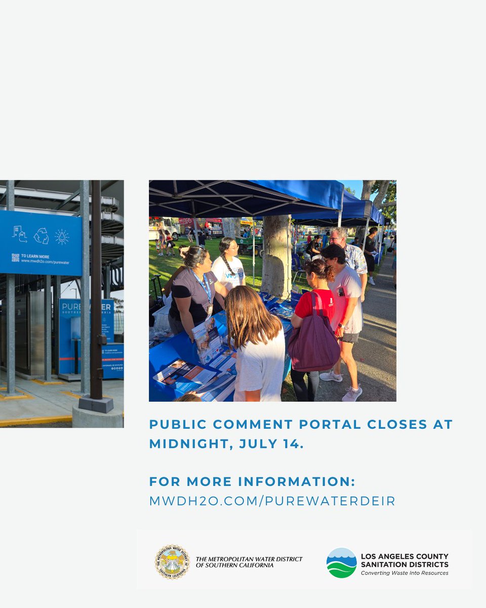 mwdh2o's tweet image. Today is the final day to share your feedback on Pure Water Southern California’s Draft Environmental Impact Report — the comment portal closes at midnight. Thank you to those who provided input. We've enjoyed engaging with communities at various events throughout #SoCal.