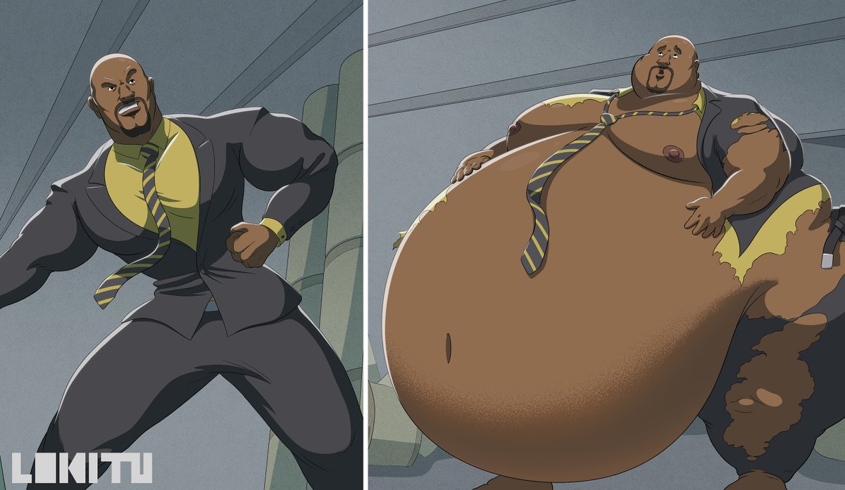 Luke Cage before &amp; after uncovering a nefarious fattening substance and bravely downing it all himself…