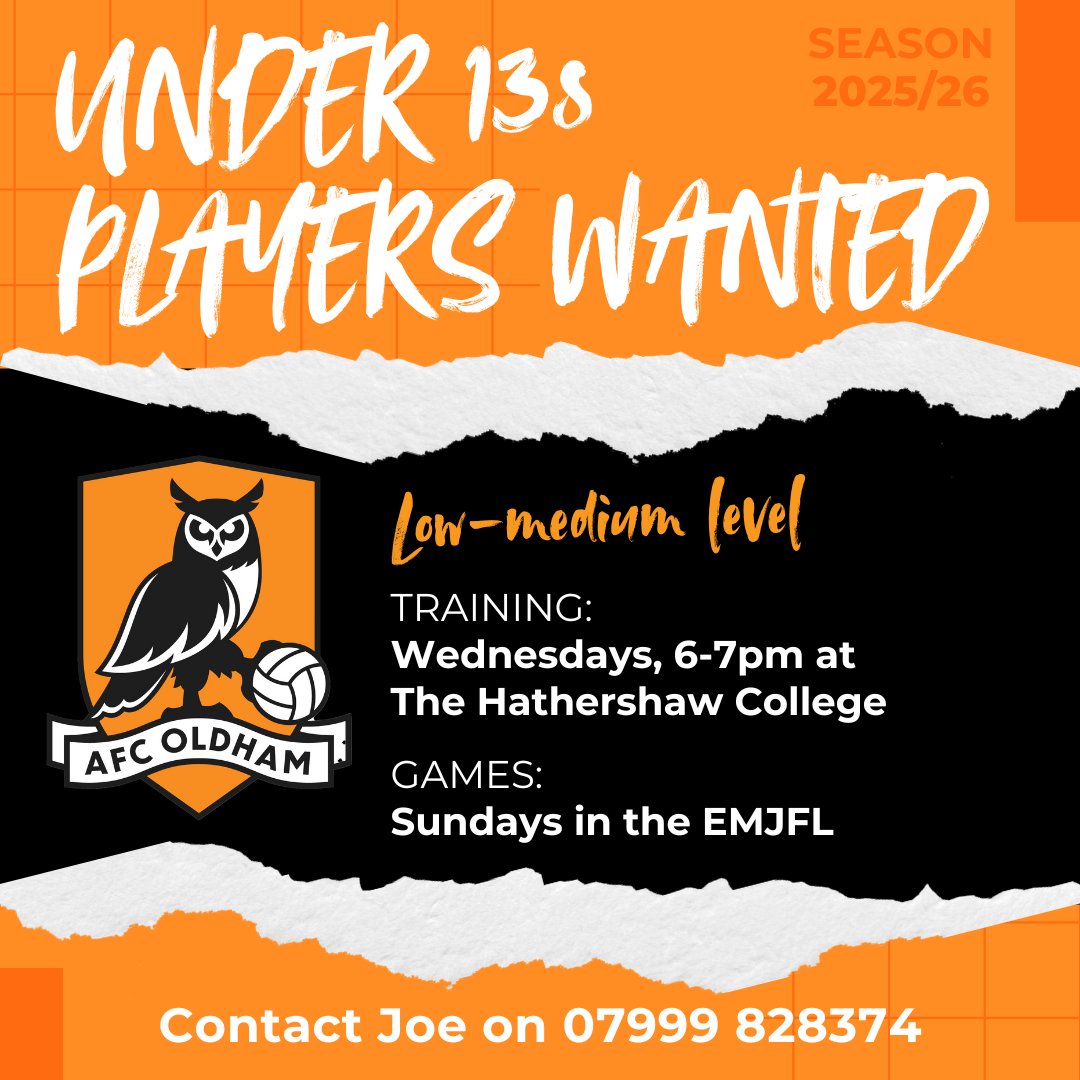 ⚽ UNDER 13S PLAYERS WANTED ⚽

Our Under 13s team are looking for a couple of additions to the squad. 🧡

We train on Wednesday nights and play on Sundays. 🦉

Contact Joe on 07999 828374. 📱