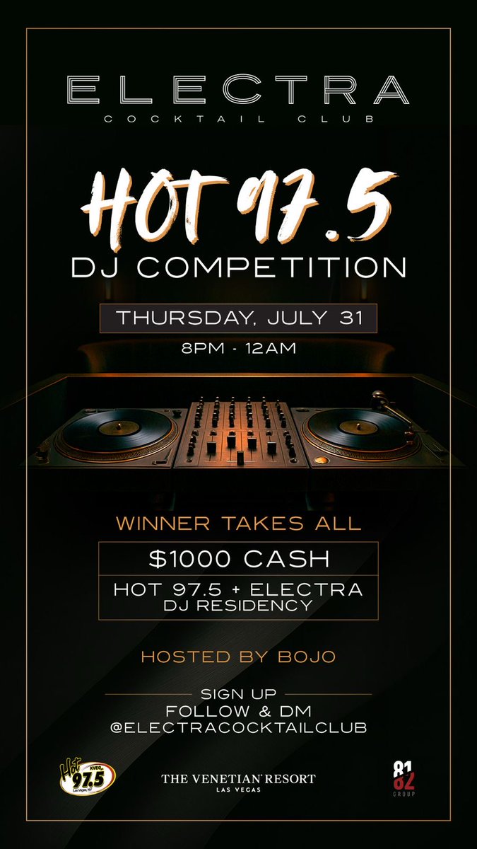 🎧 Calling All DJs!
Join us at Electra Cocktail Club for the hot 97.5 dj competition 🔥
🗓️ Thursday, July 31 | 8PM–12AM
💰 Winner takes home $1000 + a DJ residency with hot 97.5 &amp; Electra
🎤 Hosted by Bojo
Think you’ve got what it takes?
👉 DM us to sign up.