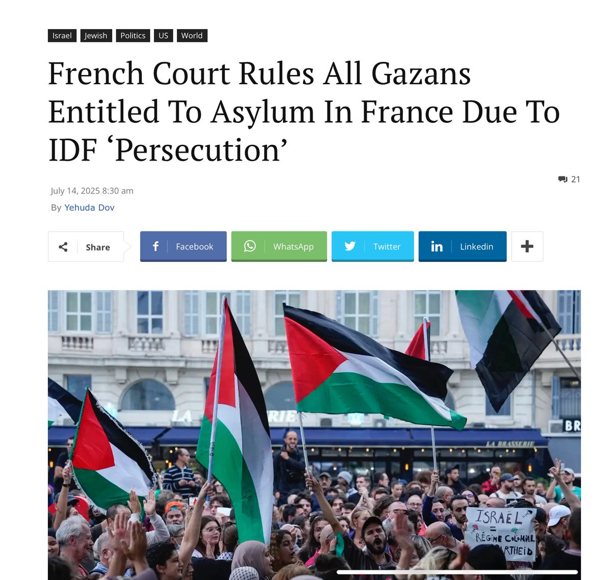 Despite 30 Muslim countries blocking people from Gaza seeking refuge, France, in its infinite wisdom has voted to allow ALL people in the region to be able to seek asylum in France.

A travesty for France. For all European countries. For the UK. They won’t just stay in France