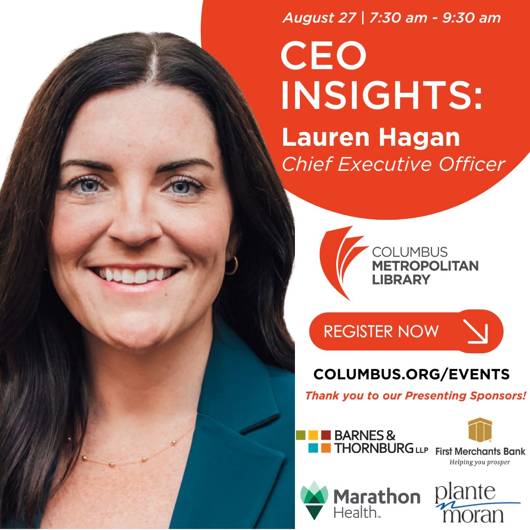 Real CEOs. Real stories. Real insights. 

Join us for CEO Insights featuring Lauren Hagan, CEO of Columbus Metropolitan Library. Lauren became CEO of Columbus Metropolitan Library in October 2024.

Register today - tickets are limited! columbus.org/events/ceo-ins…