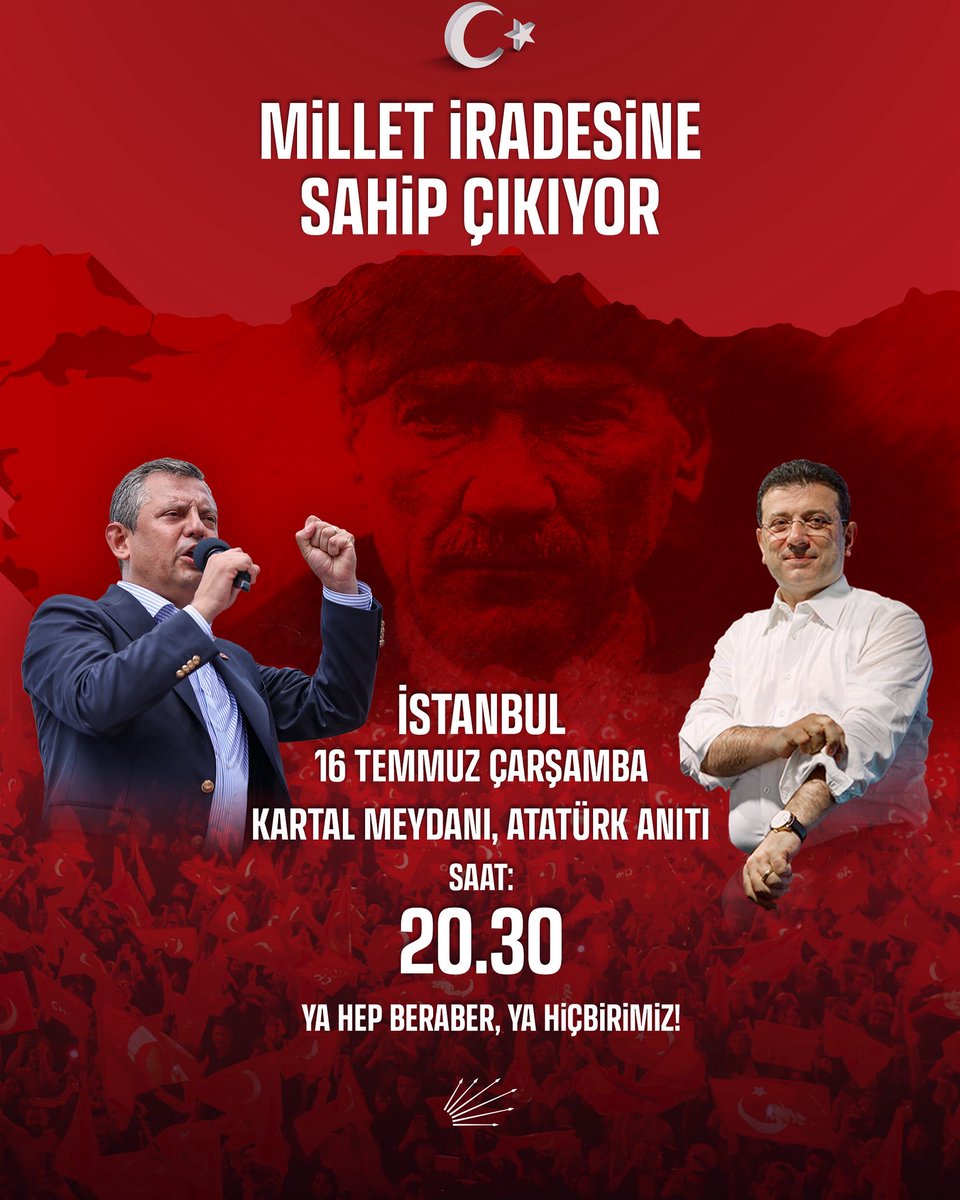 Çarşamba akşamı, Cumhuriyet tarihinin en büyük direnişini, en büyük mücadelesini sürdürmek için Kartal’da buluşuyoruz!

İradesine sahip çıkan milyonlarla, karanlığa karşı omuz omuzayız!

🗓️16 Temmuz Çarşamba 
⏰20.30
📍Kartal Meydanı, Atatürk Anıtı