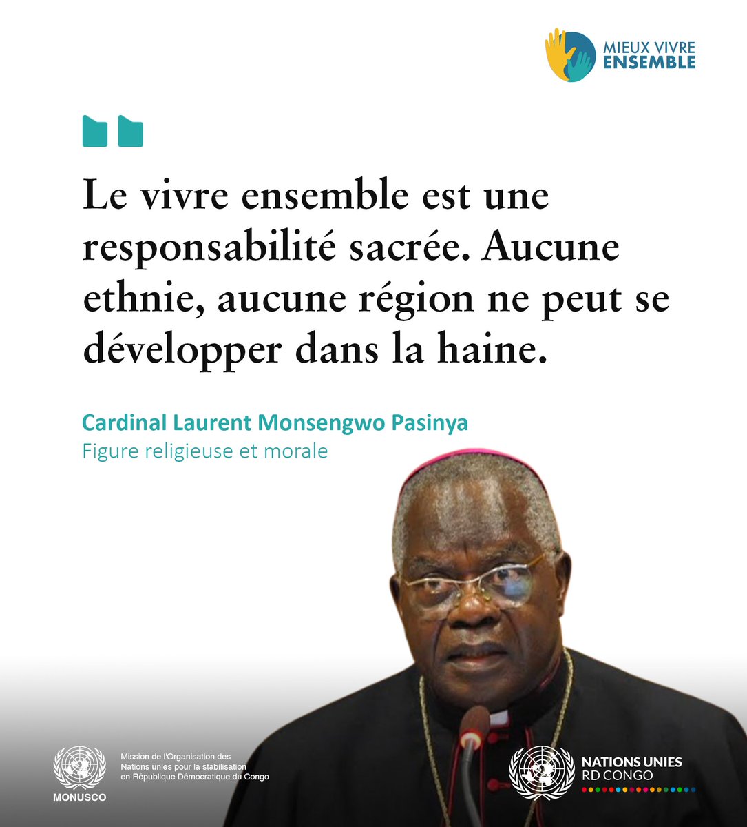 unjhro's tweet image. Aucune ethnie, aucune religion ne peut se développer dans la haine.&quot; Ce message fort de feu Cardinal Mosengo continue d’inspirer.
À travers la campagne &quot;Mieux vivre ensemble&quot;, nous portons sa vision d’une société unie, fondée sur le respect et la paix.#BOMOKO