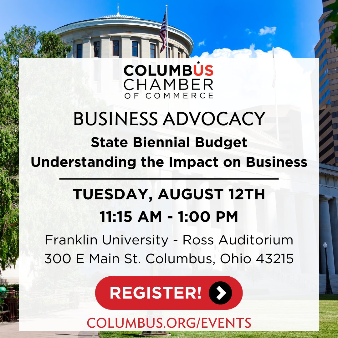 What does Ohio’s Biennial Budget mean for YOU? It shapes funding + policy on education, healthcare, jobs, and more. Join us to unpack the process, what’s at stake, and how it impacts all Ohioans—personally + professionally. 
 
columbus.org/events/busines… 
#ColumbusChamber #OhioBudget