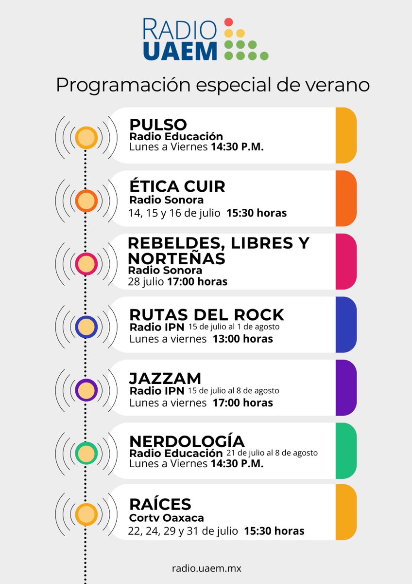 📻 ¡Este verano, Radio UAEM te acompaña!

Disfruta de nuestra programación especial de verano, con contenidos pensados para inspirar, informar y acompañarte en esta temporada.
Consulta aquí la cartelera completa y sintoniza tus programas favoritos en:
#RadioUAEM #VeranoRadioUAEM
