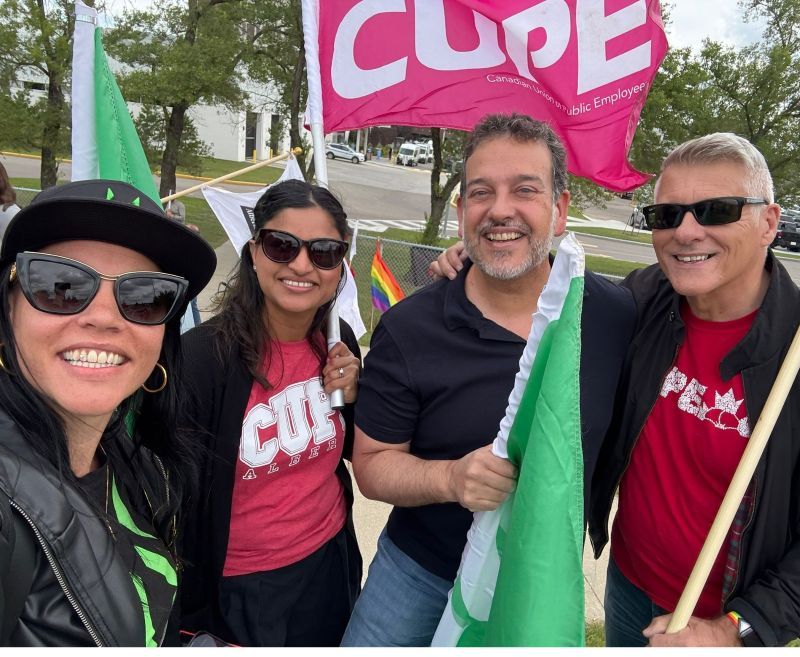 ABFedLabour's tweet image. Gil and Cori were honoured to join AUPE workers rallying in support of health care that delivers for everyone -- at the Misericordia Hospital