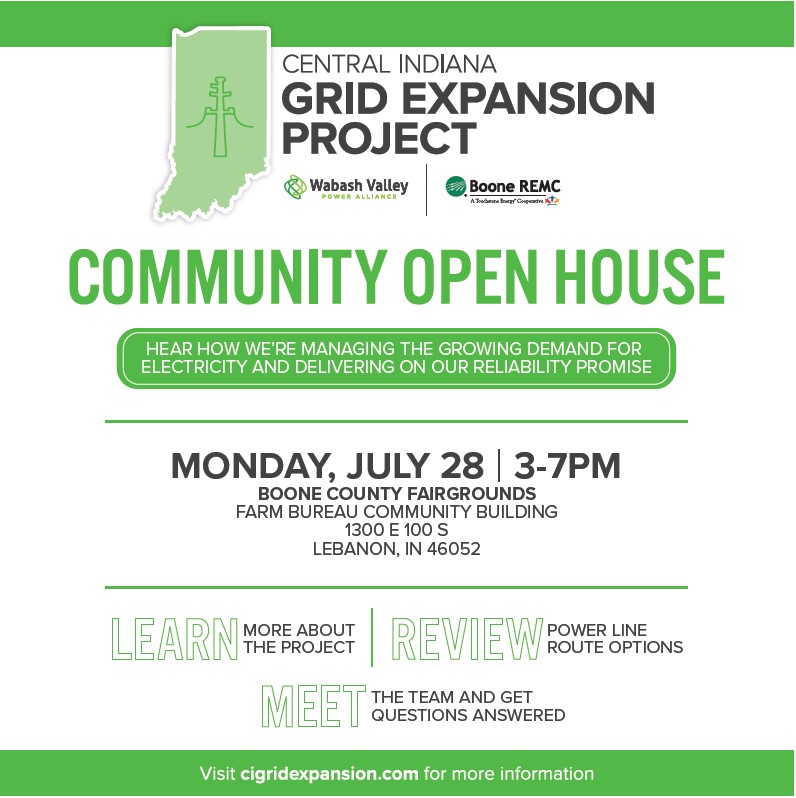 We invite the community to an upcoming event to learn more about how we're working with our power supplier to manage the growing demand for electricity. If you own land within the study area for the Central Indiana Grid Expansion project, you were sent an invitation via mail.