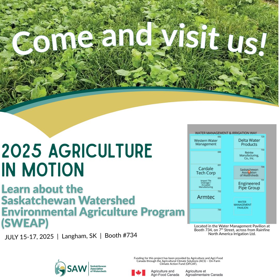 SAWatersheds's tweet photo. Join SAW at Ag In Montion at Langham, SK July 15-17, 2025 to learn more about the Saskatchewan Watersheds Environmental Agriculture Program (SWEAP).
@AAFC_Canada
#SKAg #SWEAP #prairieag #CDNAG #Watersheds #farmlife #ranchlife #AgClimateSolutions https://t.co/bTWW4RnxHx