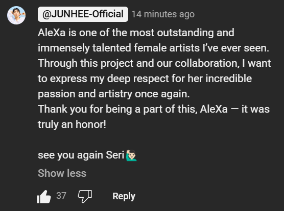 Junhee replied to Alexa's comment on YouTube...
So sweet 🥺