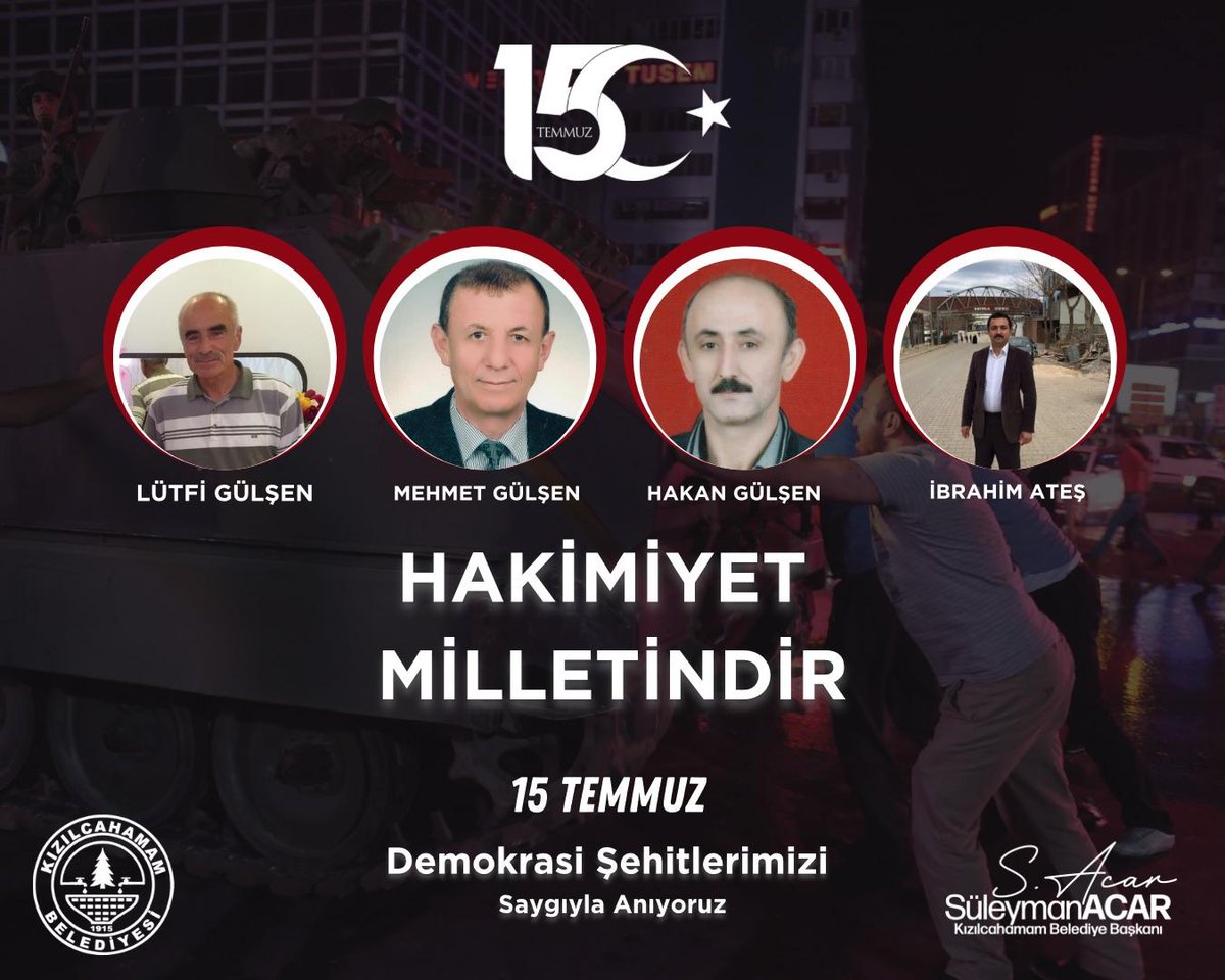 SuleymanAcar06's tweet photo. Aziz milletimiz, 15 Temmuz'da hain darbe girişimine karşı durarak demokrasi tarihimize altın harflerle bir destan yazdı 🇹🇷

O gece her bir vatandaşımız, bağımsızlığımızı ve özgürlüğümüzü korumak için canını ortaya koydu. 

Milletçe geleceğimizin teminatı olan 15 Temmuz ruhu, vatanımızın gerçek sahibinin milletimiz olduğunu göstermiştir. 

Cumhurbaşkanımızın gecenin karanlığını aydınlatan çağrısı, duruşu ile milletimizin basireti ve şanlı direnişiyle 15 Temmuz'da yazdığı destanı unutmayacağız, unutturmayacağız.

Ülkesi ve bayrağı için bir an bile düşünmeden canlarını namlulara siper eden tüm şehitlerimizi rahmetle anıyor, destan yazan aziz milletimize  şükranlarımı sunuyorum. 🇹🇷🇹🇷🇹🇷