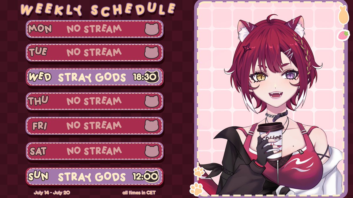 WEEKLY SCHEDULE 
July 14th - July 20th

We're so back! Starting a new visual novel yippee!!

Twitch: twitch.tv/mimimeowtini

#MimiMeowtini #vtuber #VtuberEN #ENVtuber #StrayGods #VisualNovel