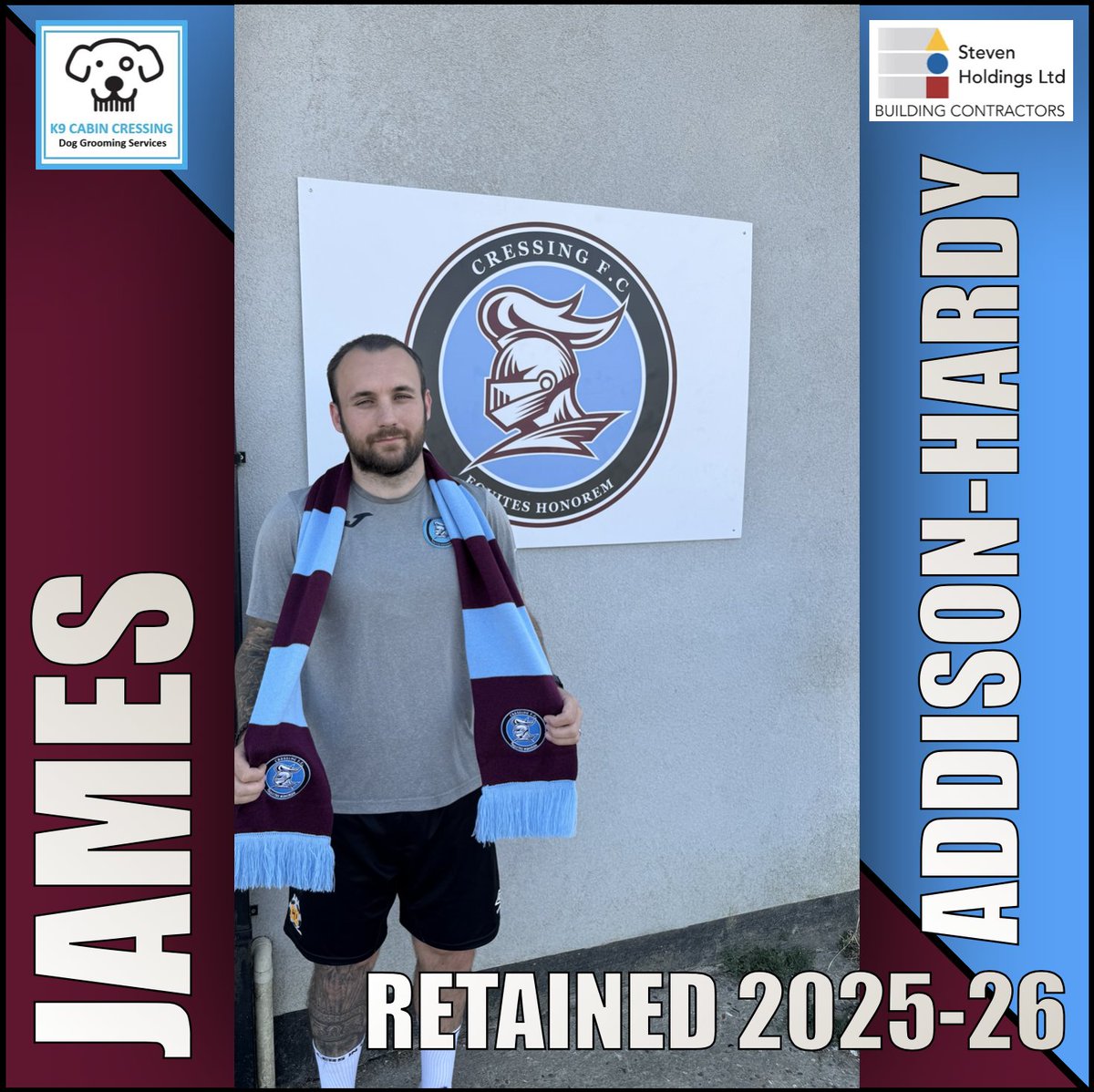 CressingFC's tweet image. RETAINED 2025/26 🤝

James Addison-Hardy returns for another season💥

Up the Cressing!⚽️

#CressingFC
#K9CabinCressing
#StevenHoldingsLTD
#UTC