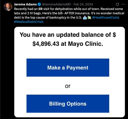 For the Canadians (including doctors) who think our healthcare system is pretty bad and the US system is pretty good. Dr. Jerome Adams is insured. He paid $4896 after insurance for ER labs and ER fluids. Dr. Adams was the 20th Surgeon General of the United States.