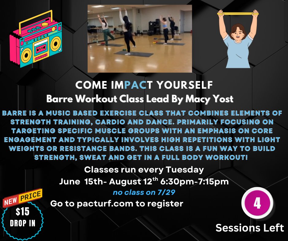 Looking to change up your workout? New price drop so now is the time to drop in on this great class and get down with your fitness and the scale! pacturf.com