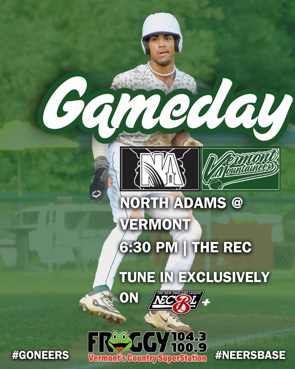 Vermont Mountaineers (@mountaineersvt) on Twitter photo It's U-32 State Champions Night as your Mountaineers take on North Adams! It's time to show out, let's go 'Neers!
🆚 <a href="/SteepleCats/">North Adams SteepleCats</a> 🐈⬛
📍 Montpelier, Vermont
🏟️ The Rec
⏰ 6:30 PM EST
📺 necblnetwork.com/?B=2445993
Presented by: <a href="/FroggyCountry/">Froggy 100.9</a>
#neersbase⚾️ | <a href="/TheNECBL/">The New England League</a> It's U-32 State Champions Night as your Mountaineers take on North Adams! It's time to show out, let's go 'Neers!
🆚 <a href="/SteepleCats/">North Adams SteepleCats</a> 🐈⬛
📍 Montpelier, Vermont
🏟️ The Rec
⏰ 6:30 PM EST
📺 necblnetwork.com/?B=2445993
Presented by: <a href="/FroggyCountry/">Froggy 100.9</a>
#neersbase⚾️ | <a href="/TheNECBL/">The New England League</a>