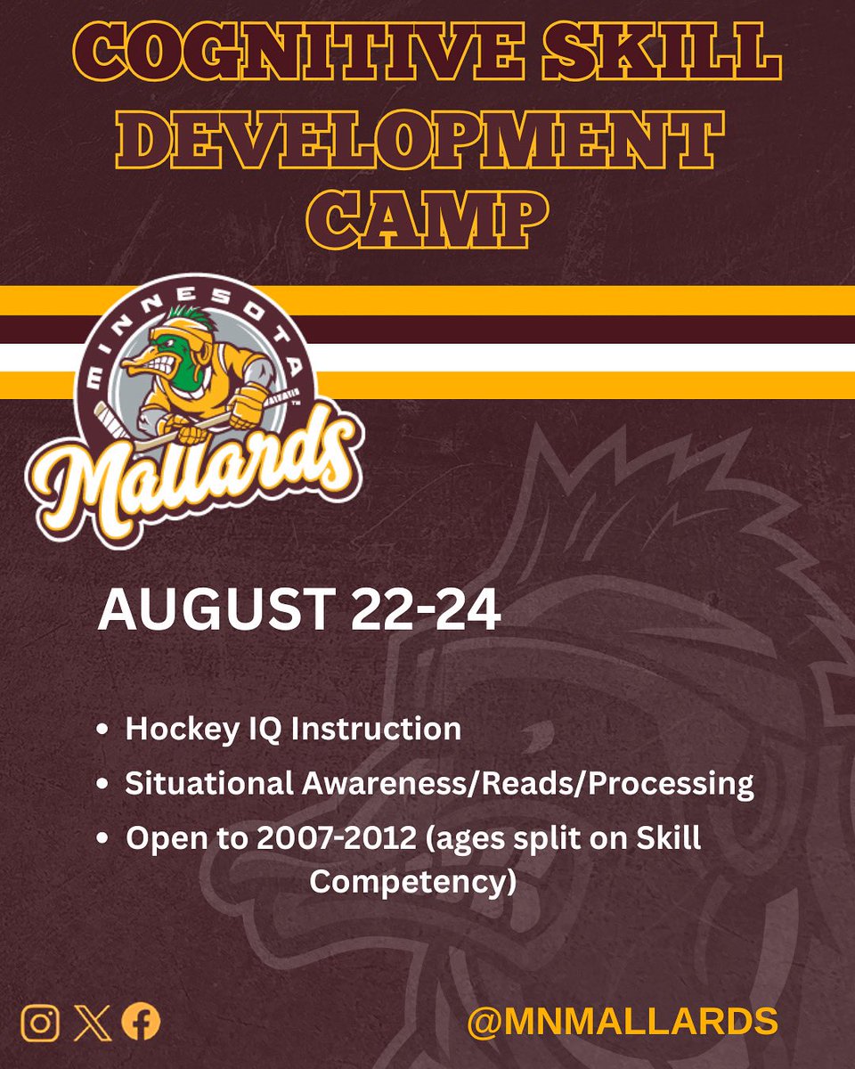 Join us August 22–24 for the Mallards Cognitive Skill Development Camp — focused on hockey IQ, situational reads, and decision-making under pressure. Open to 2007–2012 birth years!

Limited spots available — register now.
#MallardsHockey #FearTheFlock #HockeyIQ #DevelopmentCamp