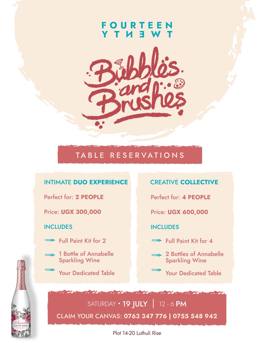 Plan for our newly announced
'Bubbles &amp; Brushes' experience!

Choose from the 'Intimate Duo Experience' (UGX 300,000 for 2) or the 'Creative Collective' (UGX600,000 for 4). 
Both include paint kits, Annabelle Sparkling Wine, and a dedicated table.

Saturday, July 19th, 2025, 12-6