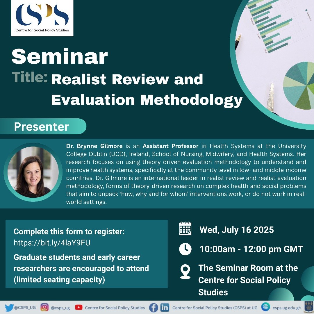 CSPS_UG's tweet image. Join us for an in-person Seminar titled "Realist Review and Evaluation Methodology " on Wednesday, 16 July 2025, from 10:00 am to 12:00 pm GMT.
🖇 Complete this form to register: bit.ly/4laY9FU